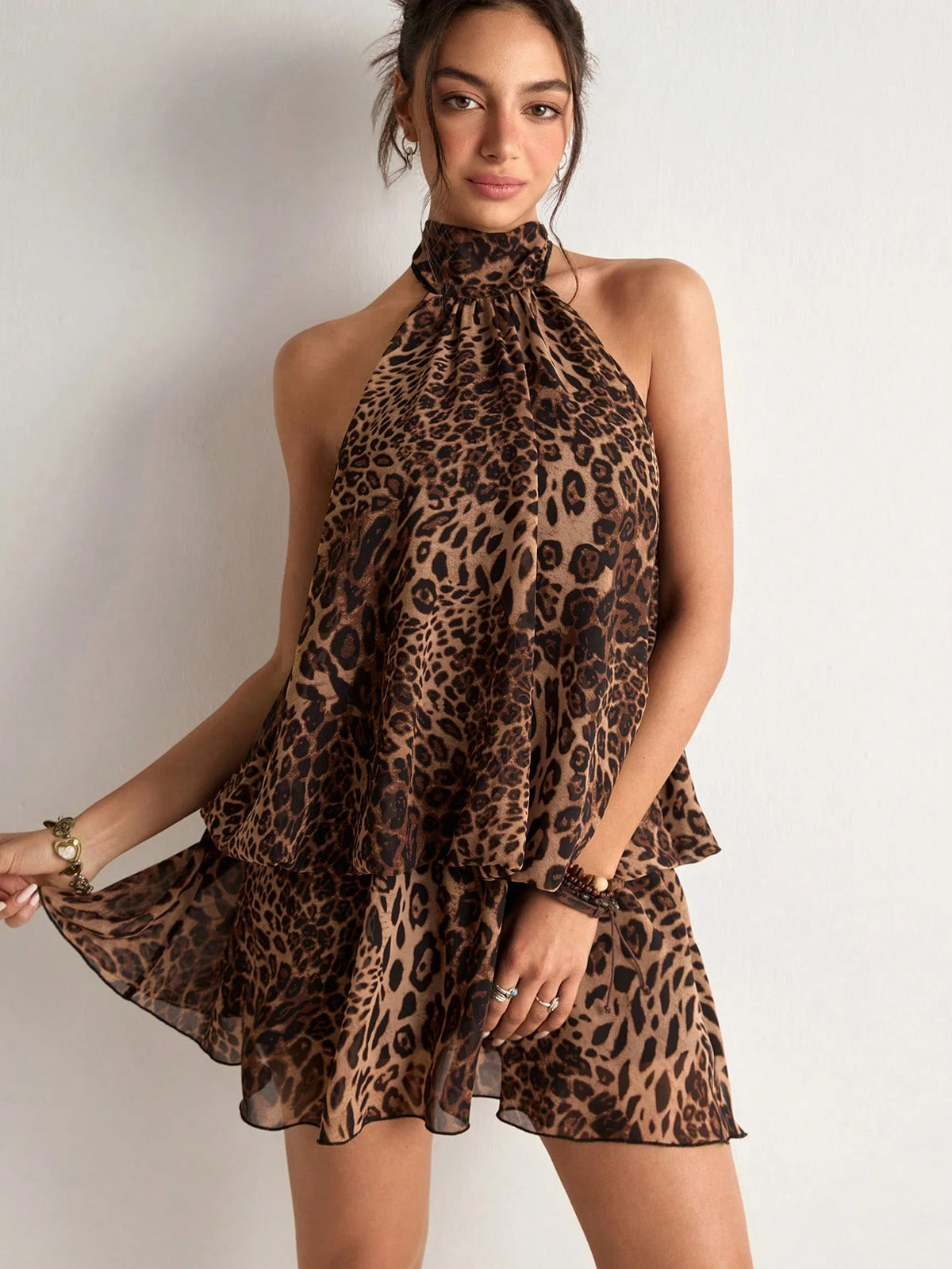 Freevana Women's Sexy Backless Knot Halter Mini Dress With Leopard Print, Suitable For Summer Vacation Halter Top Leopard Print Halter Top