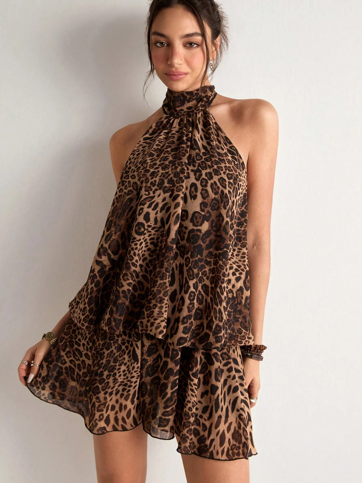 Freevana Women's Sexy Backless Knot Halter Mini Dress With Leopard Print, Suitable For Summer Vacation Halter Top Leopard Print Halter Top