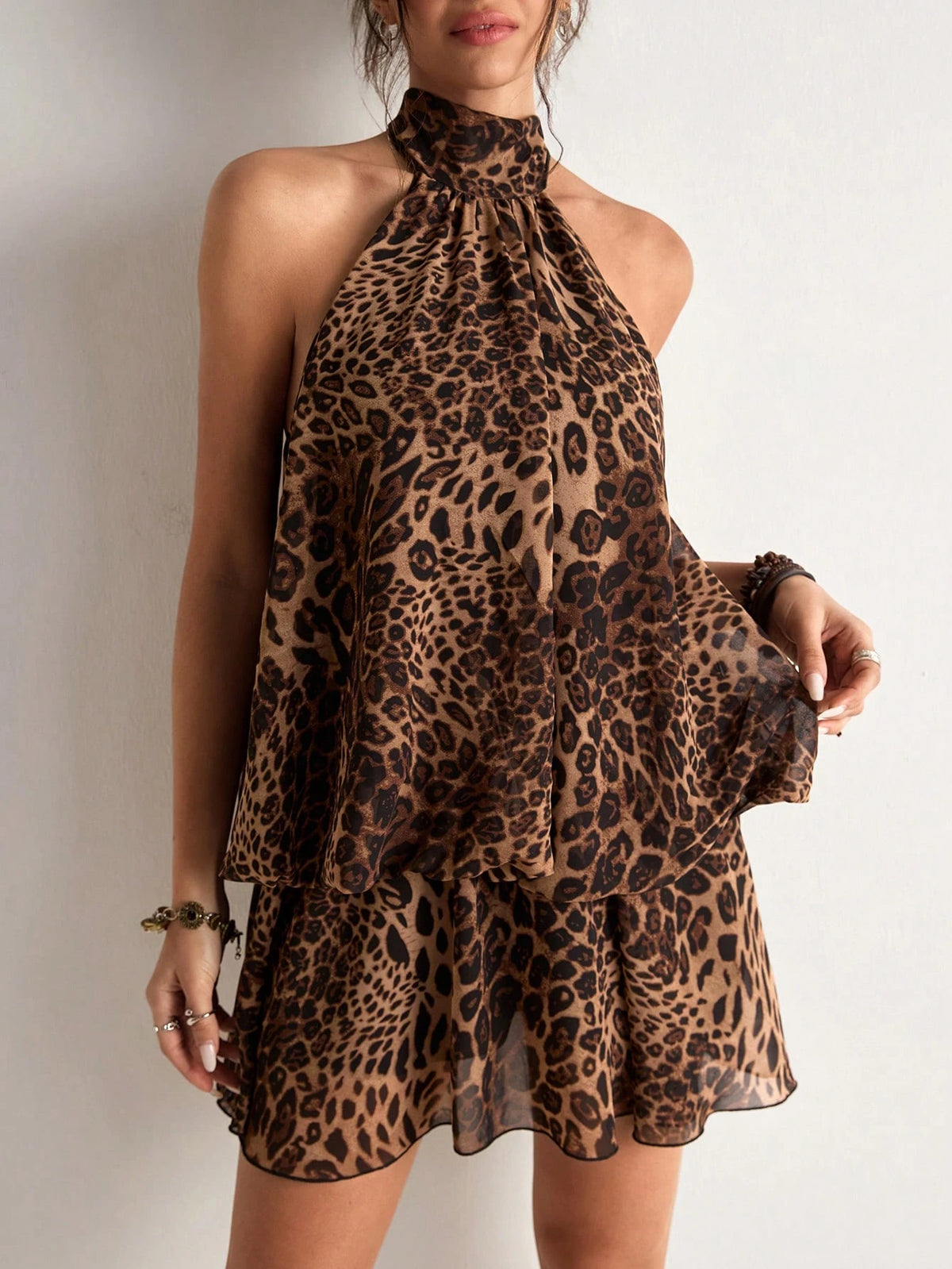 Freevana Women's Sexy Backless Knot Halter Mini Dress With Leopard Print, Suitable For Summer Vacation Halter Top Leopard Print Halter Top