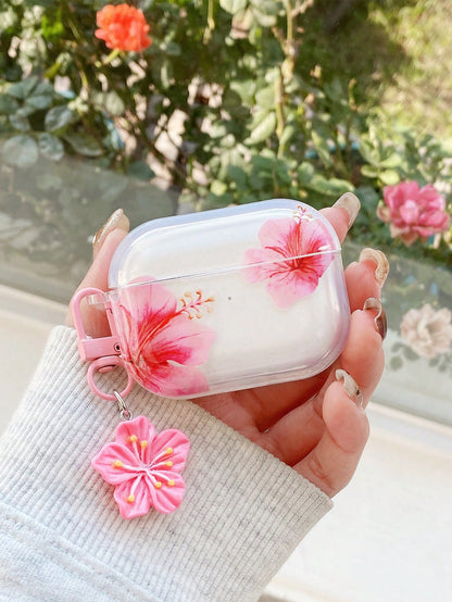 Fresh Sweet Style Pattern Realistic Hibiscus Flower Earphone Case, Transparent Earphone Case With Free Flower Charm, Compatible With Earphonecase, Headphones, Compatible With Earphone Pro 3 Case, Comp