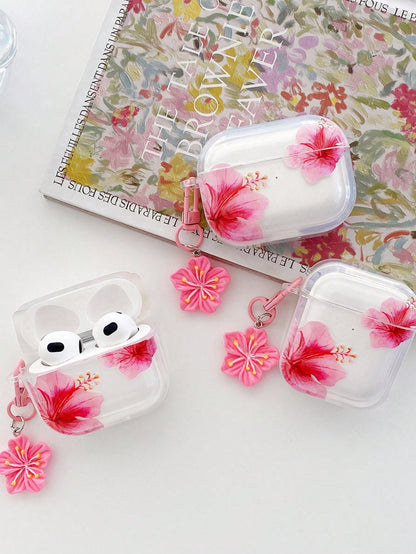 Fresh Sweet Style Pattern Realistic Hibiscus Flower Earphone Case, Transparent Earphone Case With Free Flower Charm, Compatible With Earphonecase, Headphones, Compatible With Earphone Pro 3 Case, Comp