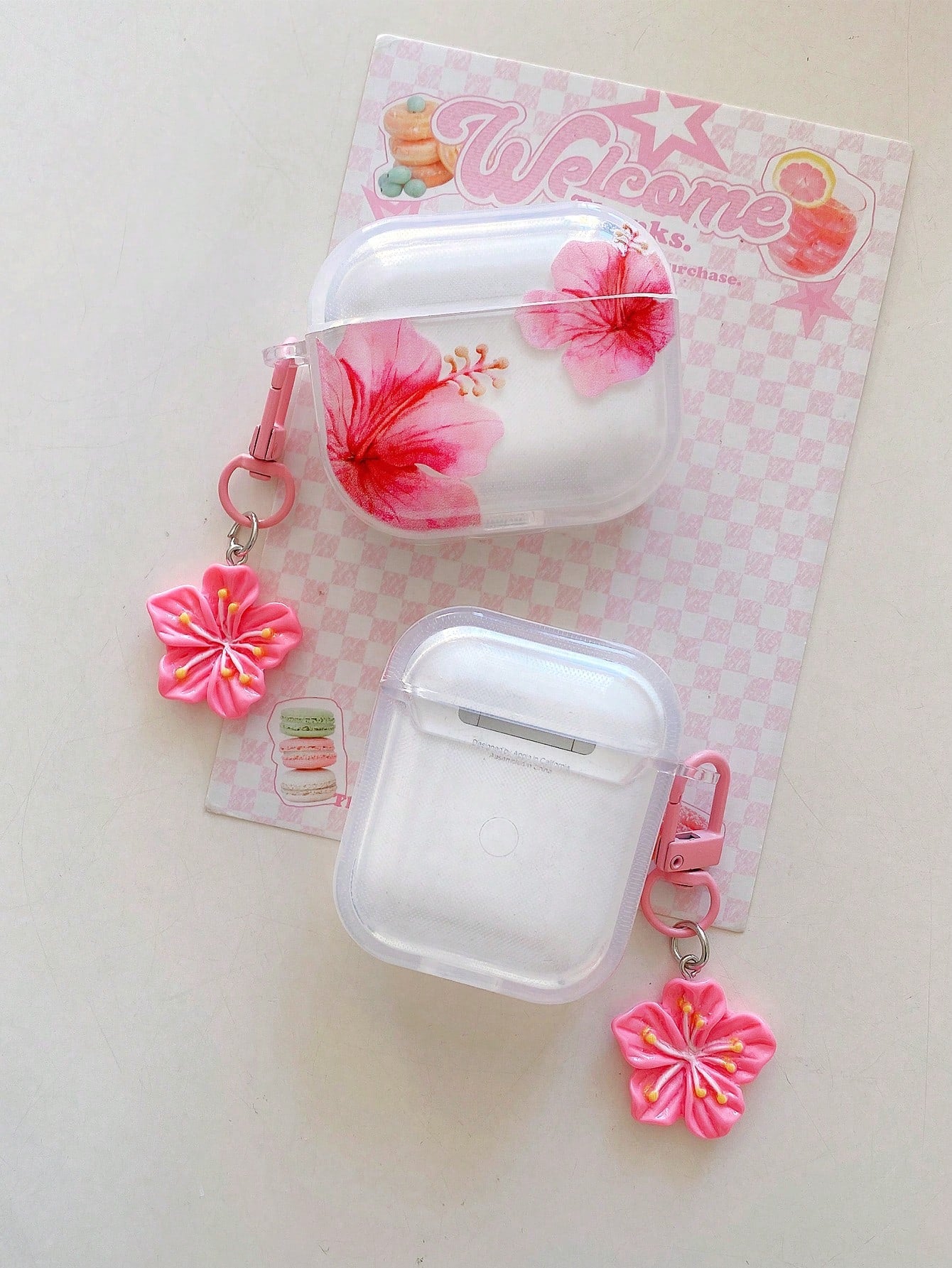 Fresh Sweet Style Pattern Realistic Hibiscus Flower Earphone Case, Transparent Earphone Case With Free Flower Charm, Compatible With Earphonecase, Headphones, Compatible With Earphone Pro 3 Case, Comp