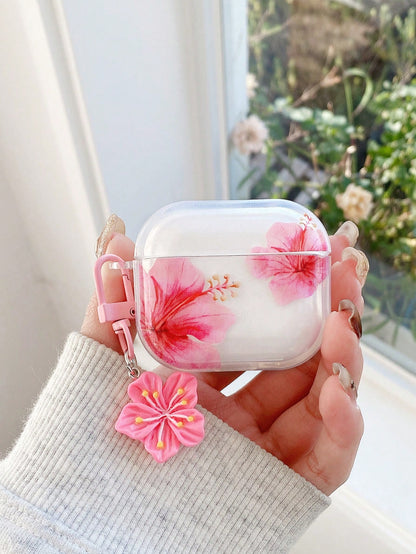 Fresh Sweet Style Pattern Realistic Hibiscus Flower Earphone Case, Transparent Earphone Case With Free Flower Charm, Compatible With Earphonecase, Headphones, Compatible With Earphone Pro 3 Case, Comp