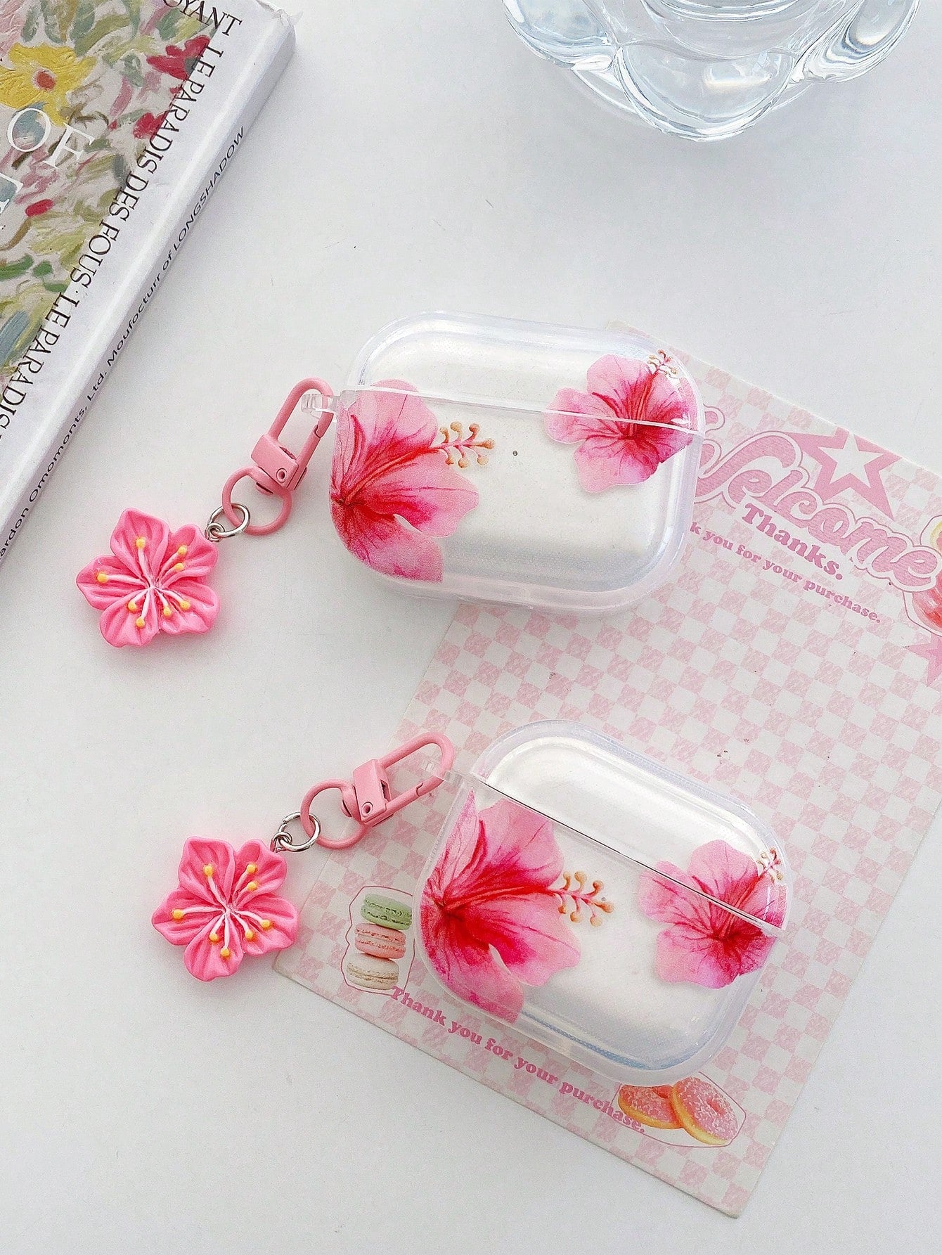 Fresh Sweet Style Pattern Realistic Hibiscus Flower Earphone Case, Transparent Earphone Case With Free Flower Charm, Compatible With Earphonecase, Headphones, Compatible With Earphone Pro 3 Case, Comp