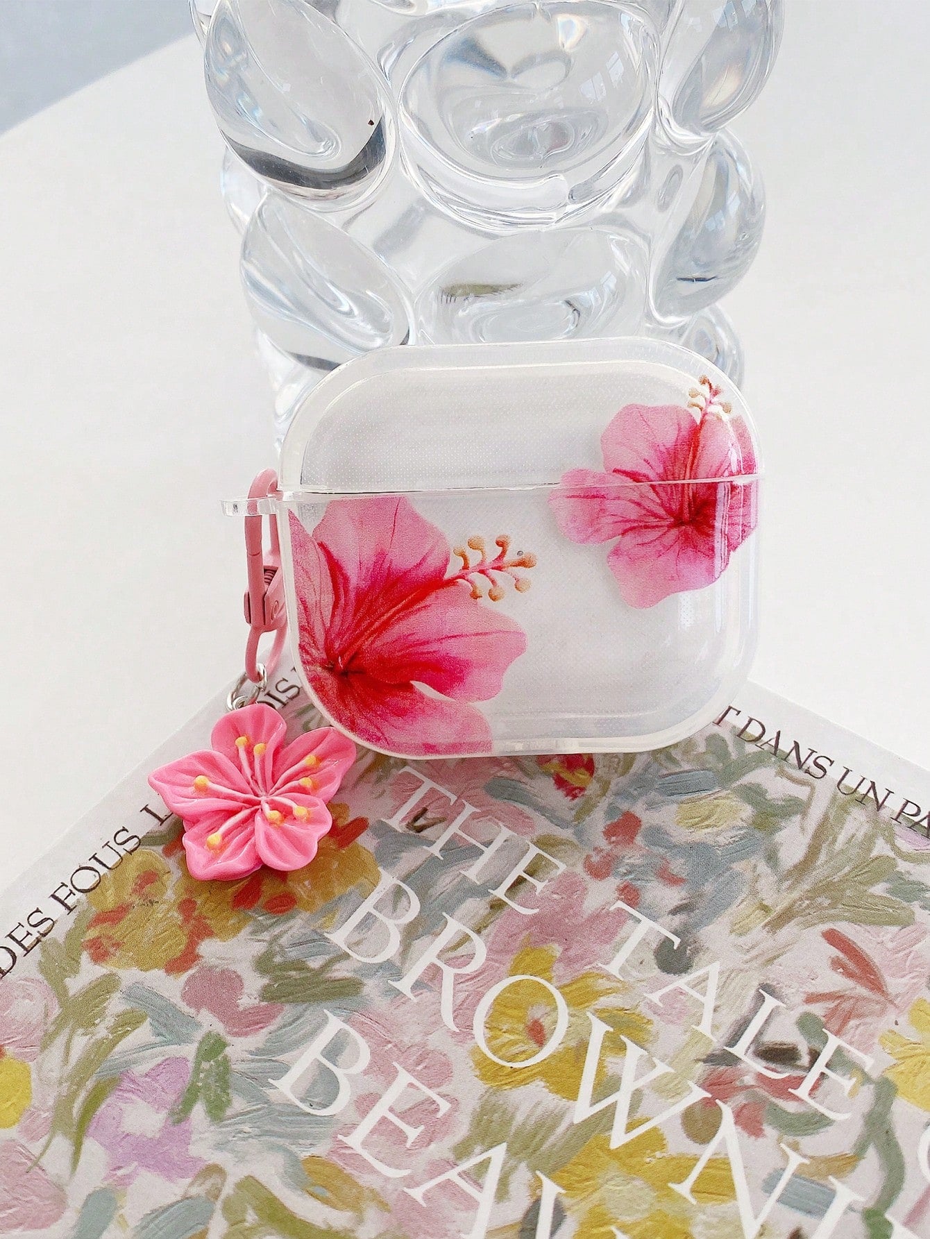 Fresh Sweet Style Pattern Realistic Hibiscus Flower Earphone Case, Transparent Earphone Case With Free Flower Charm, Compatible With Earphonecase, Headphones, Compatible With Earphone Pro 3 Case, Comp