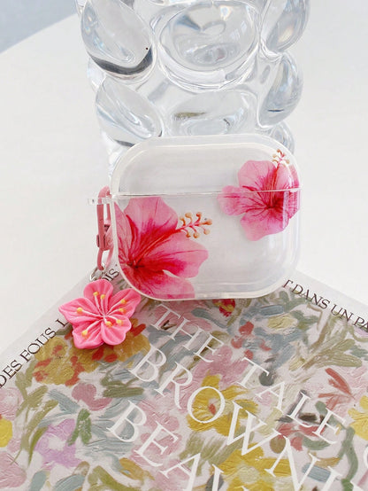 Fresh Sweet Style Pattern Realistic Hibiscus Flower Earphone Case, Transparent Earphone Case With Free Flower Charm, Compatible With Earphonecase, Headphones, Compatible With Earphone Pro 3 Case, Comp