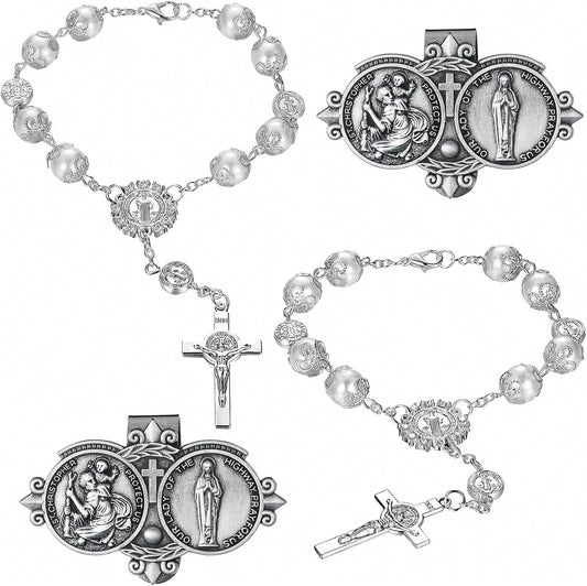 Frienda 4 Pcs Car Rosary Saint Benedict Rosary Rearview Mirror Hang Auto Rosary With Car St Christopher Visor Medal Cross Religious Accessory Bless Safety Gift For Truck Bike Driver(Silver)