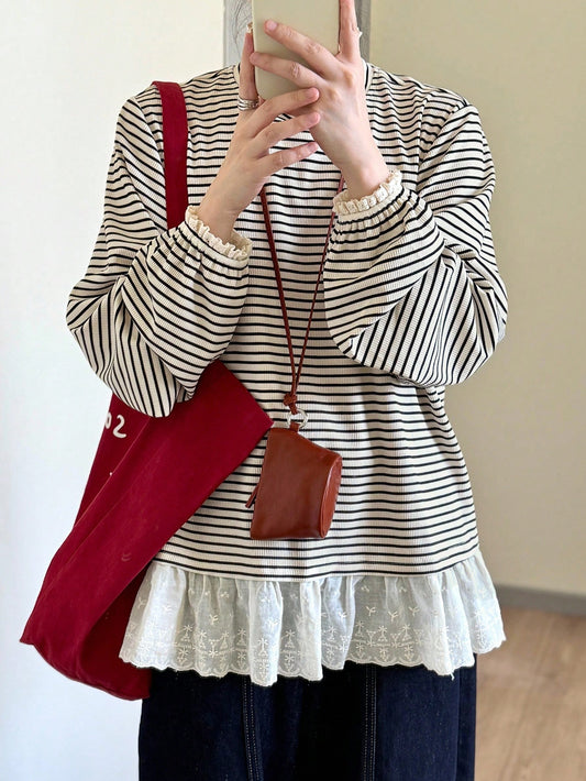 FRIFUL Women's Round Neck All-Over Thin Stripe Loose Petal Sleeve Lace Patchwork Mori Style Long Sleeve T-Shirt