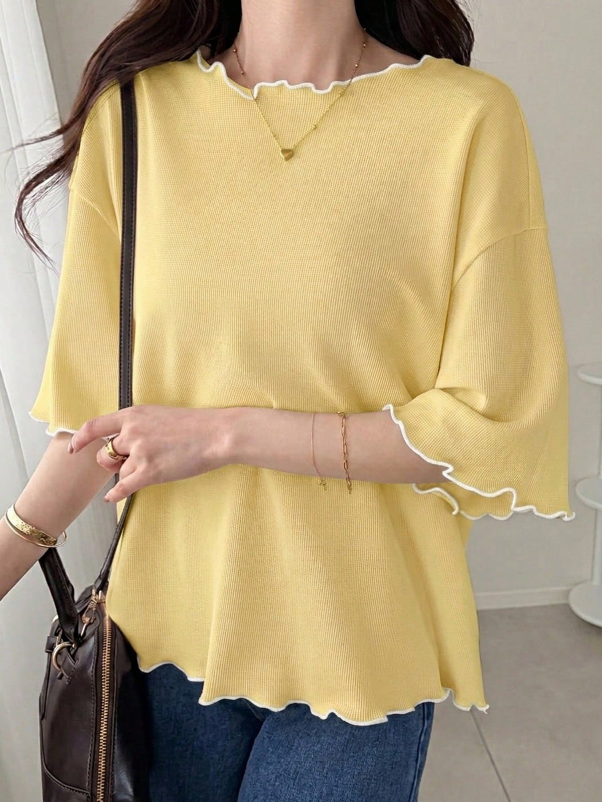 FRIFUL Women's Wavy Striped Loose Contrast Trim Short Sleeve T-Shirt, Summer Casual Wear