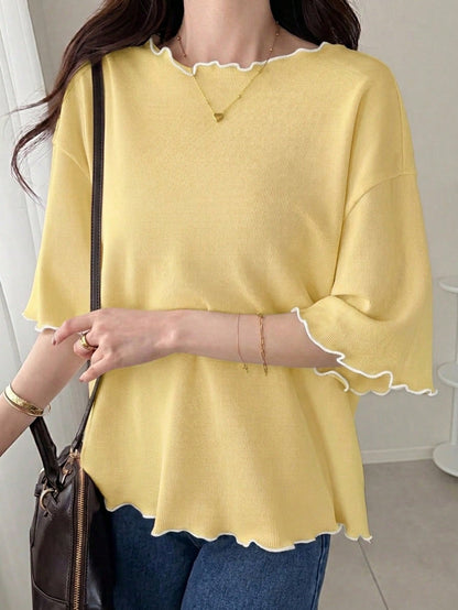 FRIFUL Women's Wavy Striped Loose Contrast Trim Short Sleeve T-Shirt, Summer Casual Wear