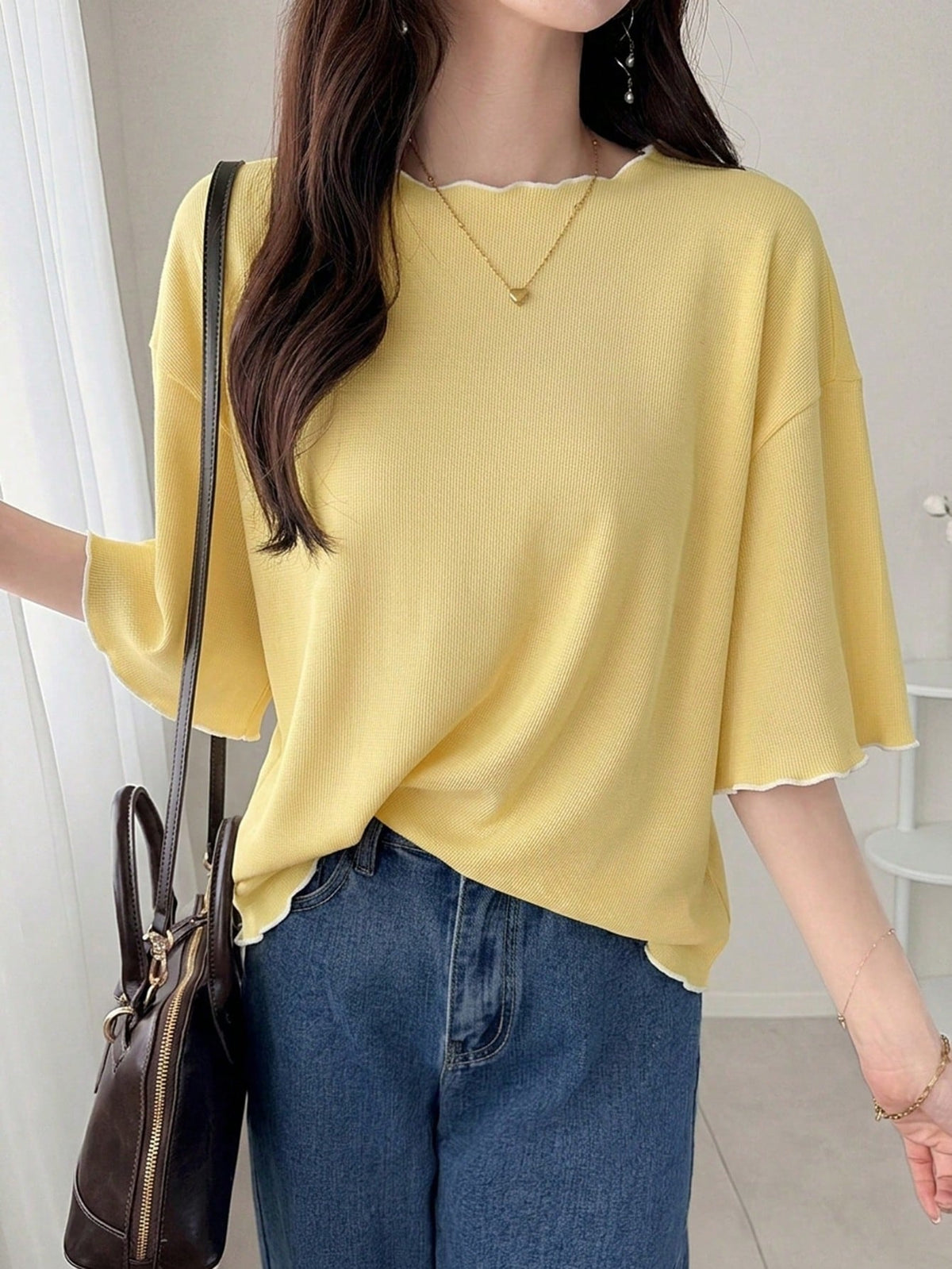 FRIFUL Women's Wavy Striped Loose Contrast Trim Short Sleeve T-Shirt, Summer Casual Wear