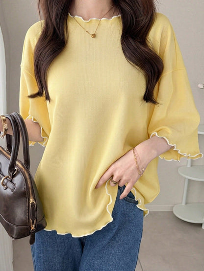 FRIFUL Women's Wavy Striped Loose Contrast Trim Short Sleeve T-Shirt, Summer Casual Wear
