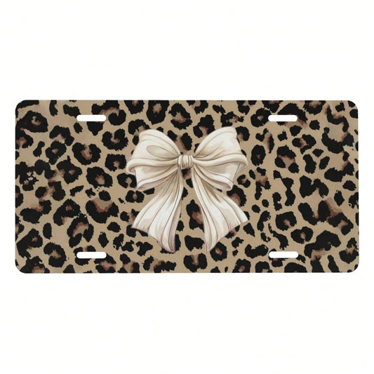 Front License Plate Cover – Aluminum Metal Car Accessory, Rust-Proof Novelty Vanity Tag Decor For Men & Women, 6x12 With 4 Holes- 041 Brown Tie Leopard Pattern