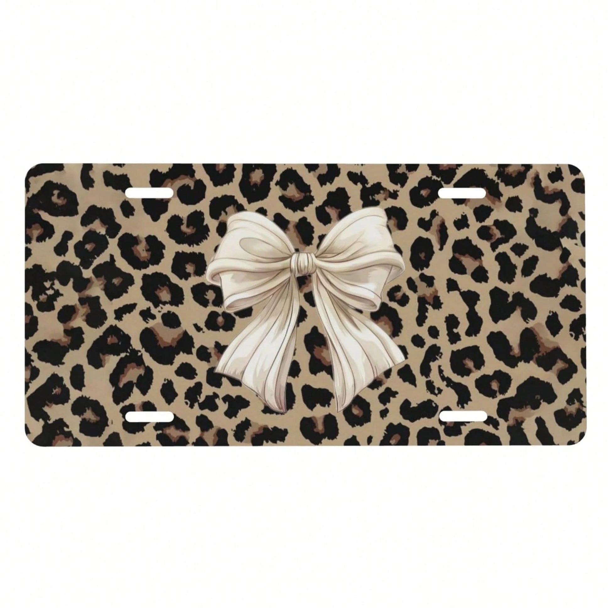 Front License Plate Cover – Aluminum Metal Car Accessory, Rust-Proof Novelty Vanity Tag Decor For Men & Women, 6x12 With 4 Holes- 041 Brown Tie Leopard Pattern