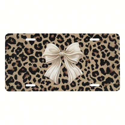 Front License Plate Cover – Aluminum Metal Car Accessory, Rust-Proof Novelty Vanity Tag Decor For Men & Women, 6x12 With 4 Holes- 041 Brown Tie Leopard Pattern