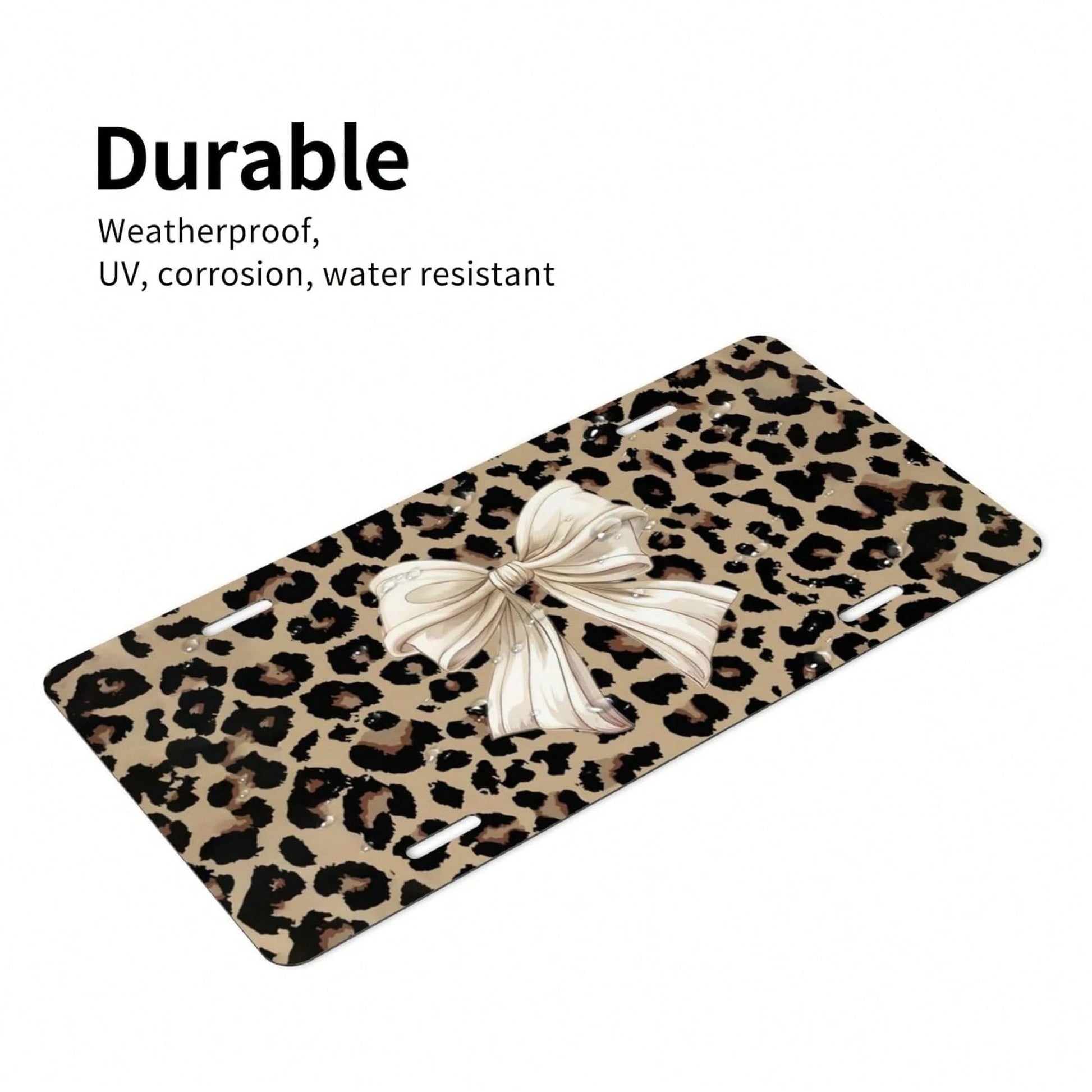 Front License Plate Cover – Aluminum Metal Car Accessory, Rust-Proof Novelty Vanity Tag Decor For Men & Women, 6x12 With 4 Holes- 041 Brown Tie Leopard Pattern