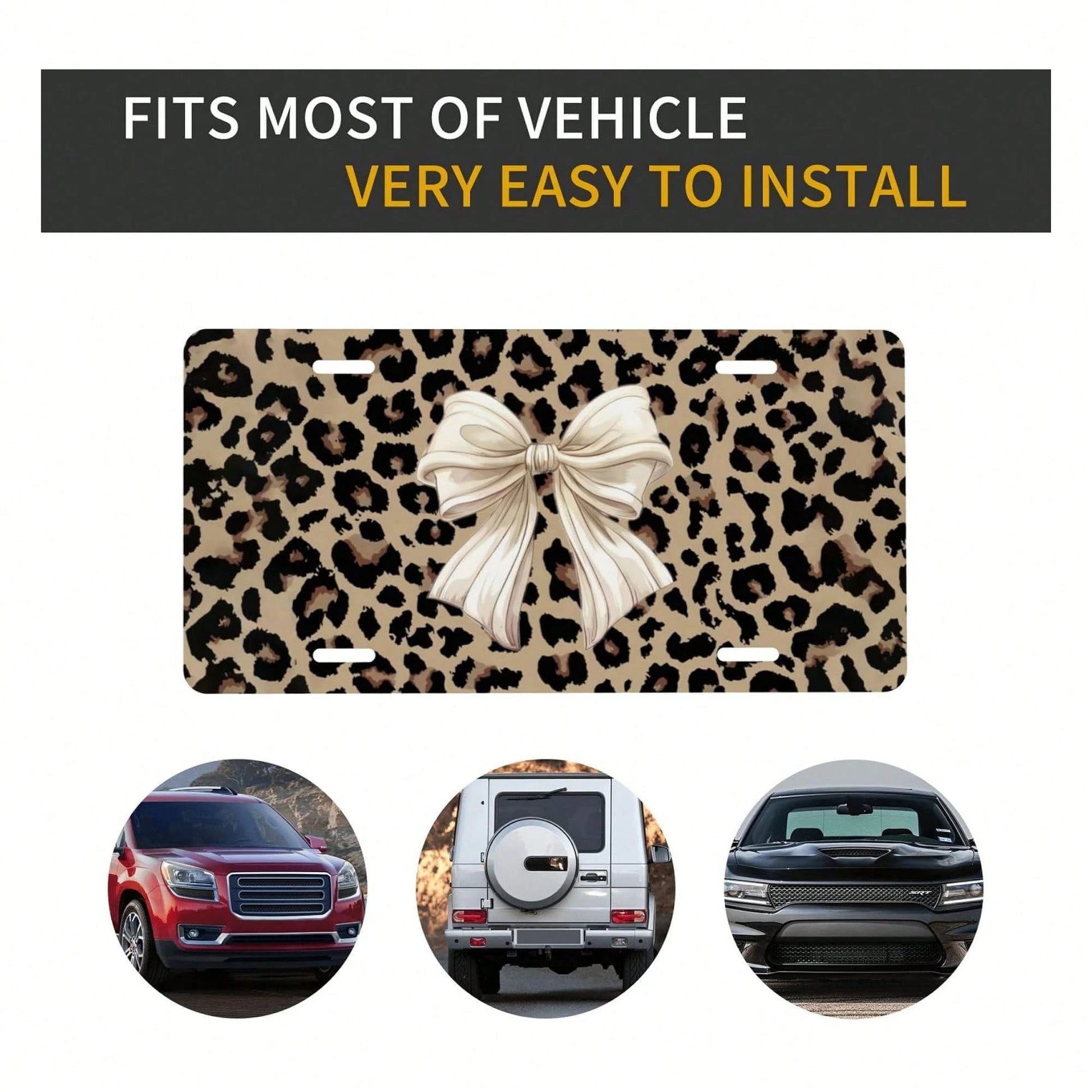Front License Plate Cover – Aluminum Metal Car Accessory, Rust-Proof Novelty Vanity Tag Decor For Men & Women, 6x12 With 4 Holes- 041 Brown Tie Leopard Pattern