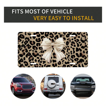Front License Plate Cover – Aluminum Metal Car Accessory, Rust-Proof Novelty Vanity Tag Decor For Men & Women, 6x12 With 4 Holes- 041 Brown Tie Leopard Pattern