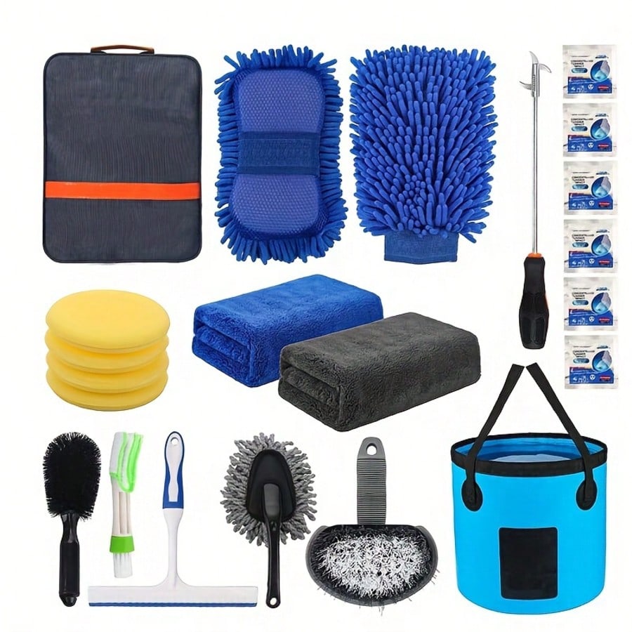 Full Car Cleaning Tool Set, 22 Pieces, Detailing Kit With Canvas Bag, Foldable Bucket, Car Wash Gloves, Sponge Towels, Tire Brush, Glass Scraper, Dust Remover