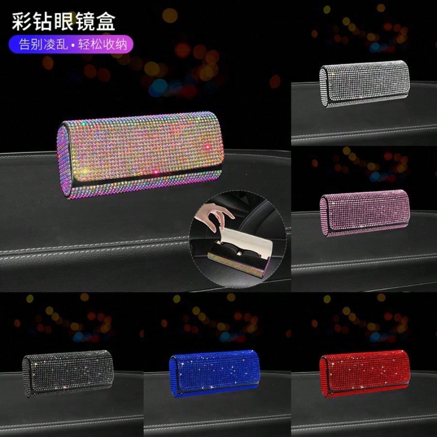 Full Rhinestone Car Sunglasses Box Luxury Sun Visor Storage Case Bling Auto Eyeglasses Holder