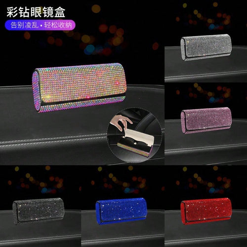 Full Rhinestone Car Sunglasses Box Luxury Sun Visor Storage Case Bling Auto Eyeglasses Holder
