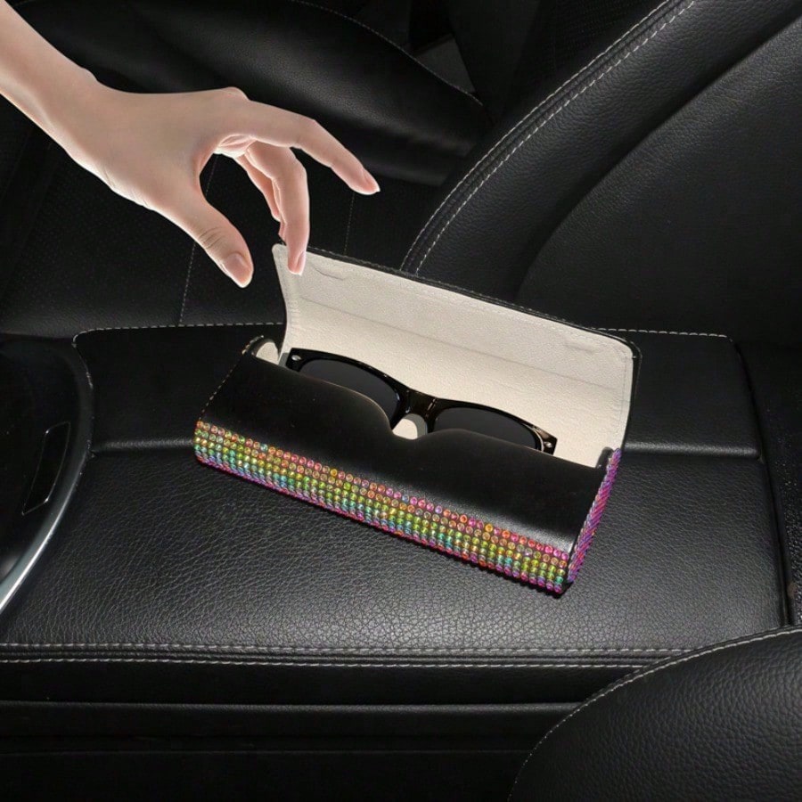 Full Rhinestone Car Sunglasses Box Luxury Sun Visor Storage Case Bling Auto Eyeglasses Holder