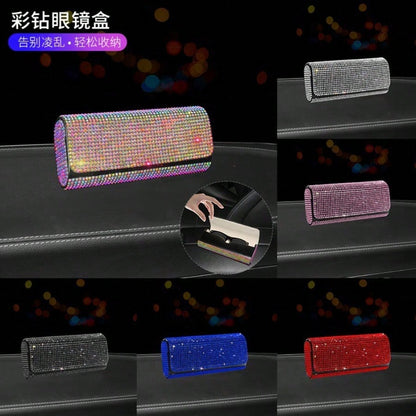 Full Rhinestone Car Sunglasses Box Luxury Sun Visor Storage Case Bling Auto Eyeglasses Holder
