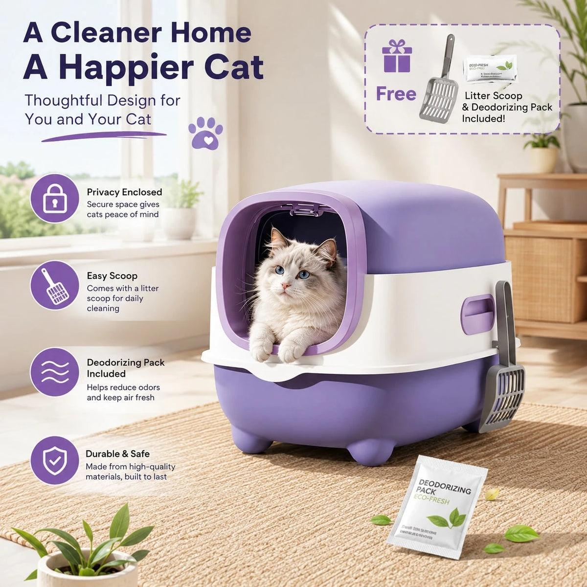 Fully Enclosed Spacious Hooded Cat Litter Box, Anti-Spill High Side Cat Toilet, Easy Assembly & Foldable Storage, Comes With Free Litter Scoop, Detachable Tray Easy To Clean, Suitable For Small Medium