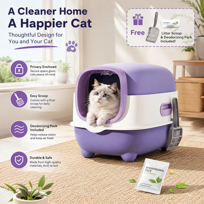 Fully Enclosed Spacious Hooded Cat Litter Box, Anti-Spill High Side Cat Toilet, Easy Assembly & Foldable Storage, Comes With Free Litter Scoop, Detachable Tray Easy To Clean, Suitable For Small Medium