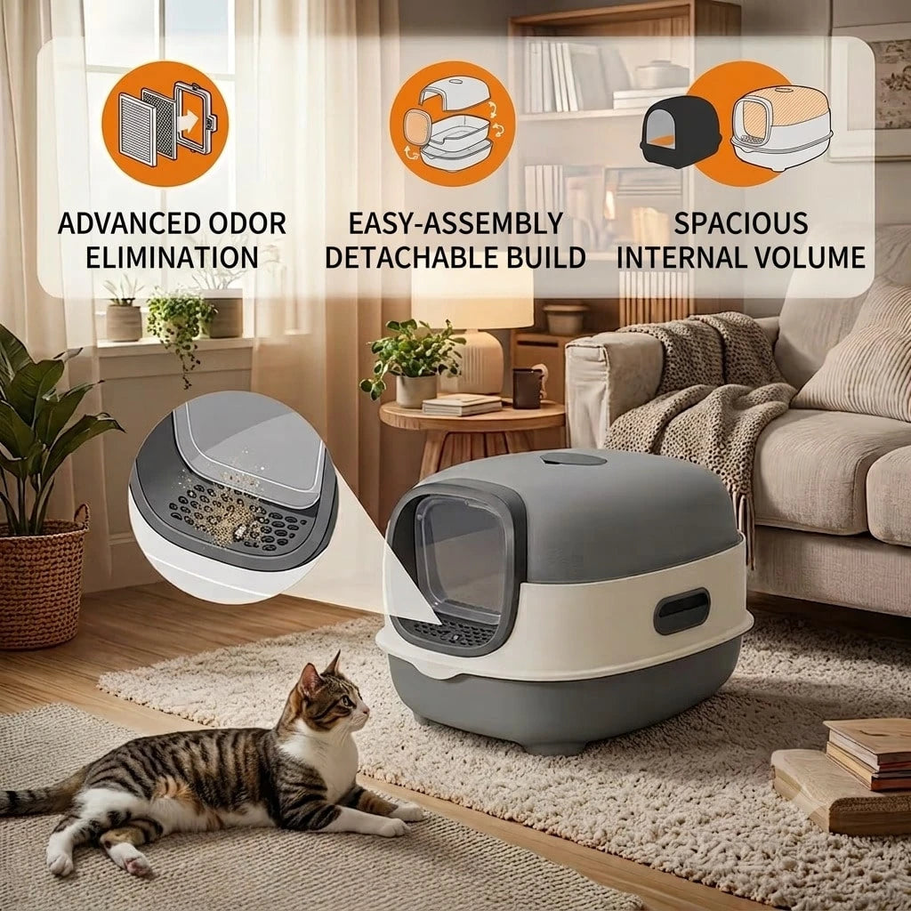 Fully Enclosed Spacious Hooded Cat Litter Box, Anti-Spill High Side Cat Toilet, Easy Assembly & Foldable Storage, Comes With Free Litter Scoop, Detachable Tray Easy To Clean, Suitable For Small Medium