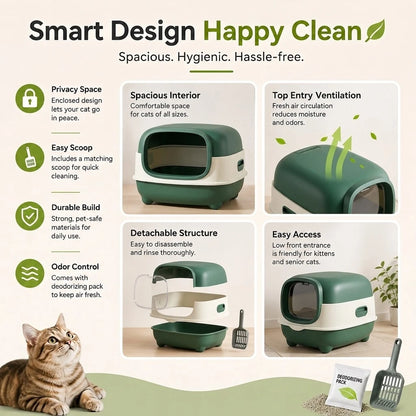 Fully Enclosed Spacious Hooded Cat Litter Box, Anti-Spill High Side Cat Toilet, Easy Assembly & Foldable Storage, Comes With Free Litter Scoop, Detachable Tray Easy To Clean, Suitable For Small Medium