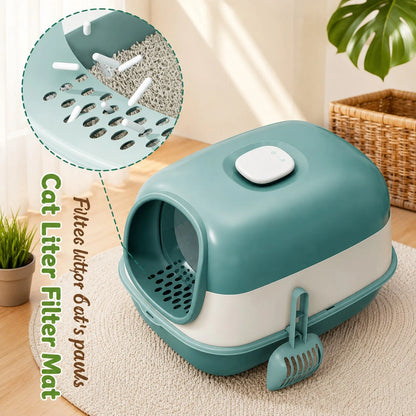 Fully Enclosed Spacious Hooded Cat Litter Box, Anti-Spill High Side Cat Toilet, Easy Assembly & Foldable Storage, Comes With Free Litter Scoop, Detachable Tray Easy To Clean, Suitable For Small Medium