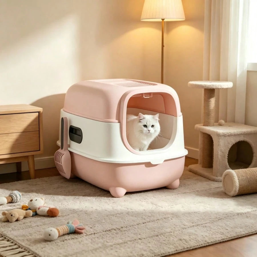 Fully Enclosed Spacious Hooded Cat Litter Box, Anti-Spill High Side Cat Toilet, Easy Assembly & Foldable Storage, Comes With Free Litter Scoop, Detachable Tray Easy To Clean, Suitable For Small Medium
