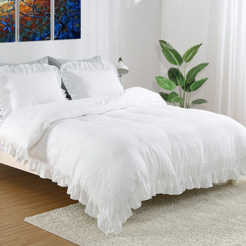 Gaderth Ruffle Duvet Cover Queen Size, 3PCS Soft Washed Microfiber Vintage French Country Duvet Cover Set For Queen Bed,Home Bedding Duvet Covers With Button Closure,Machine Washable