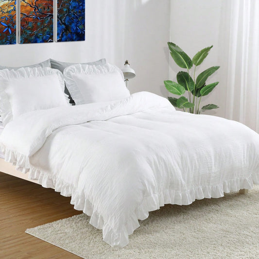Gaderth Ruffle Duvet Cover Queen Size, 3PCS Soft Washed Microfiber Vintage French Country Duvet Cover Set For Queen Bed,Home Bedding Duvet Covers With Button Closure,Machine Washable