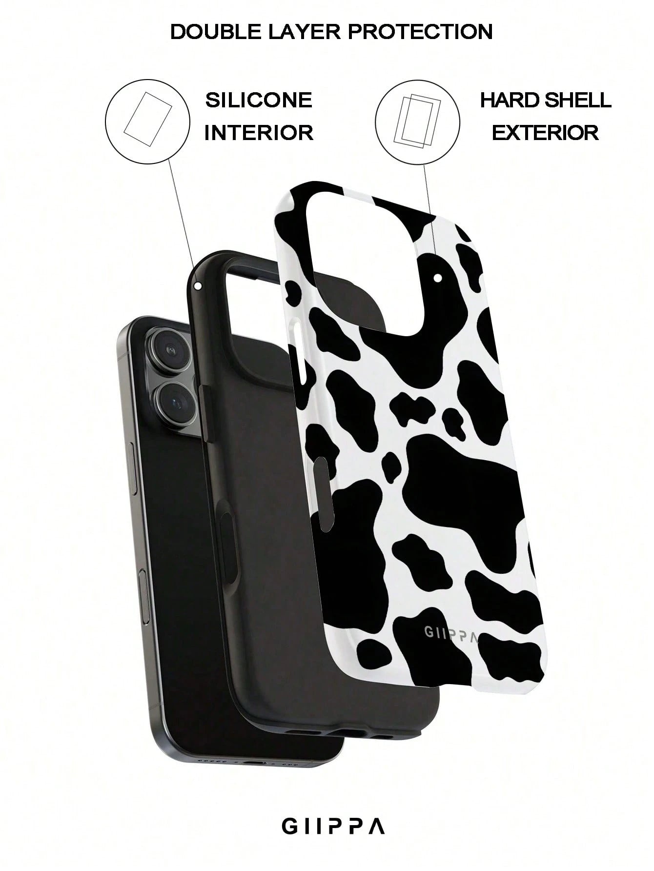 GIIPPA 1 Pc White Base With Black Cow Print Design Phone 17 Pro Max Case, Suitable For Phone 16 Pro Max, 15 Pro Max, 14 Pro Max, Korean Stylish And Interesting Phone Case, Compatible With 11/12/13/14