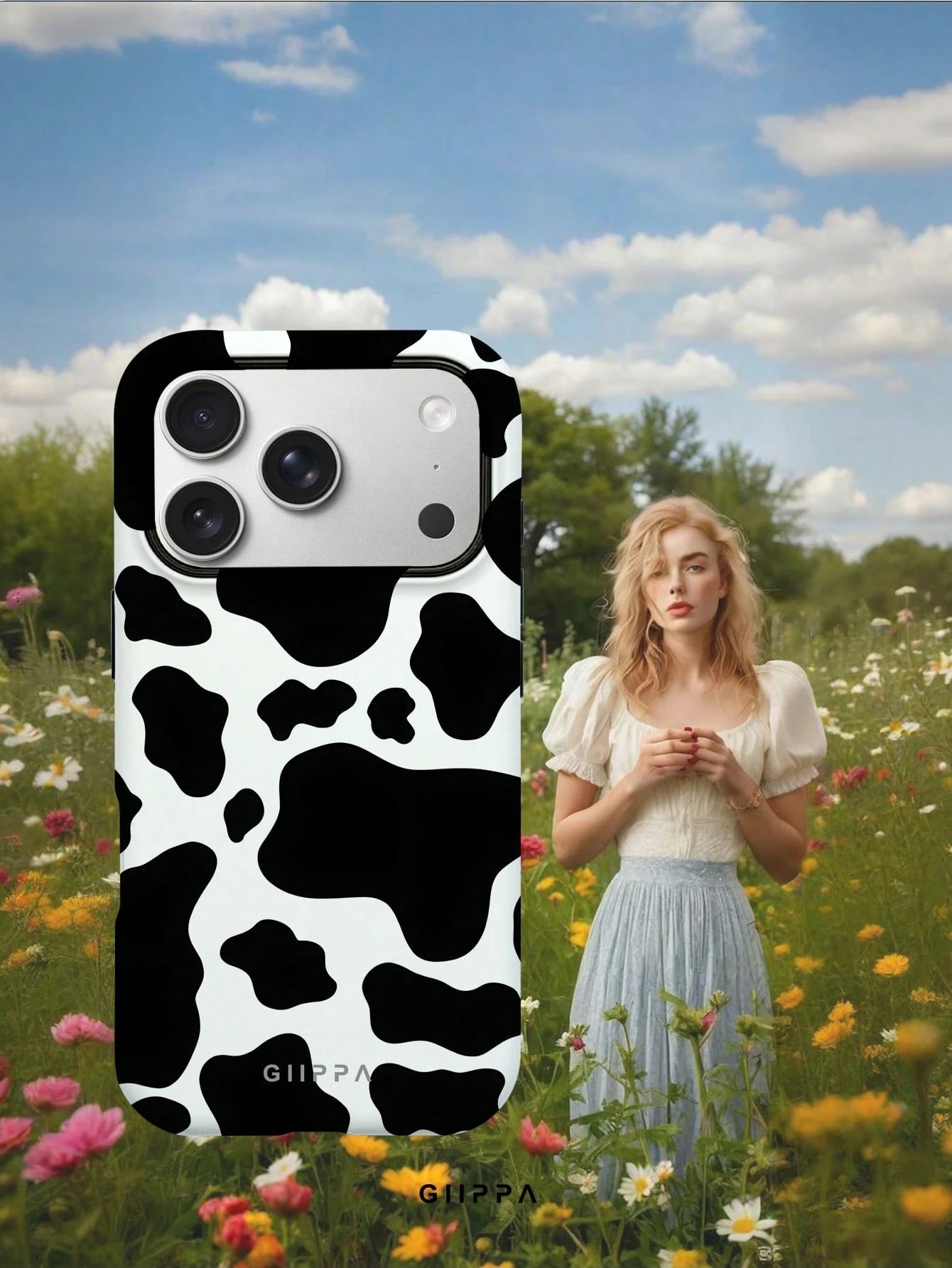 GIIPPA 1 Pc White Base With Black Cow Print Design Phone 17 Pro Max Case, Suitable For Phone 16 Pro Max, 15 Pro Max, 14 Pro Max, Korean Stylish And Interesting Phone Case, Compatible With 11/12/13/14