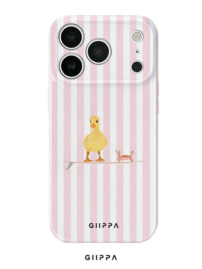 GIIPPA 1pc Light Pink Striped Background With Duck Pattern Design, Phone 17 Pro Max Phone Case, Compatible With Phone 16 Pro Max, 15 Pro Max, 14 Pro Max, Korean Style High-End Fashionable And Fun Phon