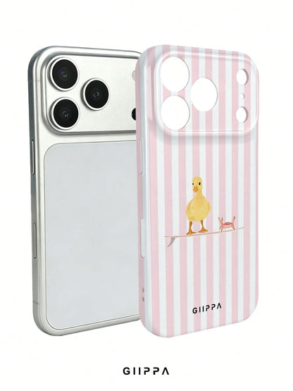 GIIPPA 1pc Light Pink Striped Background With Duck Pattern Design, Phone 17 Pro Max Phone Case, Compatible With Phone 16 Pro Max, 15 Pro Max, 14 Pro Max, Korean Style High-End Fashionable And Fun Phon