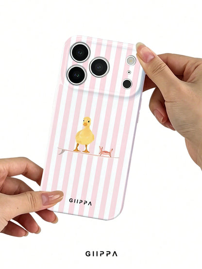 GIIPPA 1pc Light Pink Striped Background With Duck Pattern Design, Phone 17 Pro Max Phone Case, Compatible With Phone 16 Pro Max, 15 Pro Max, 14 Pro Max, Korean Style High-End Fashionable And Fun Phon