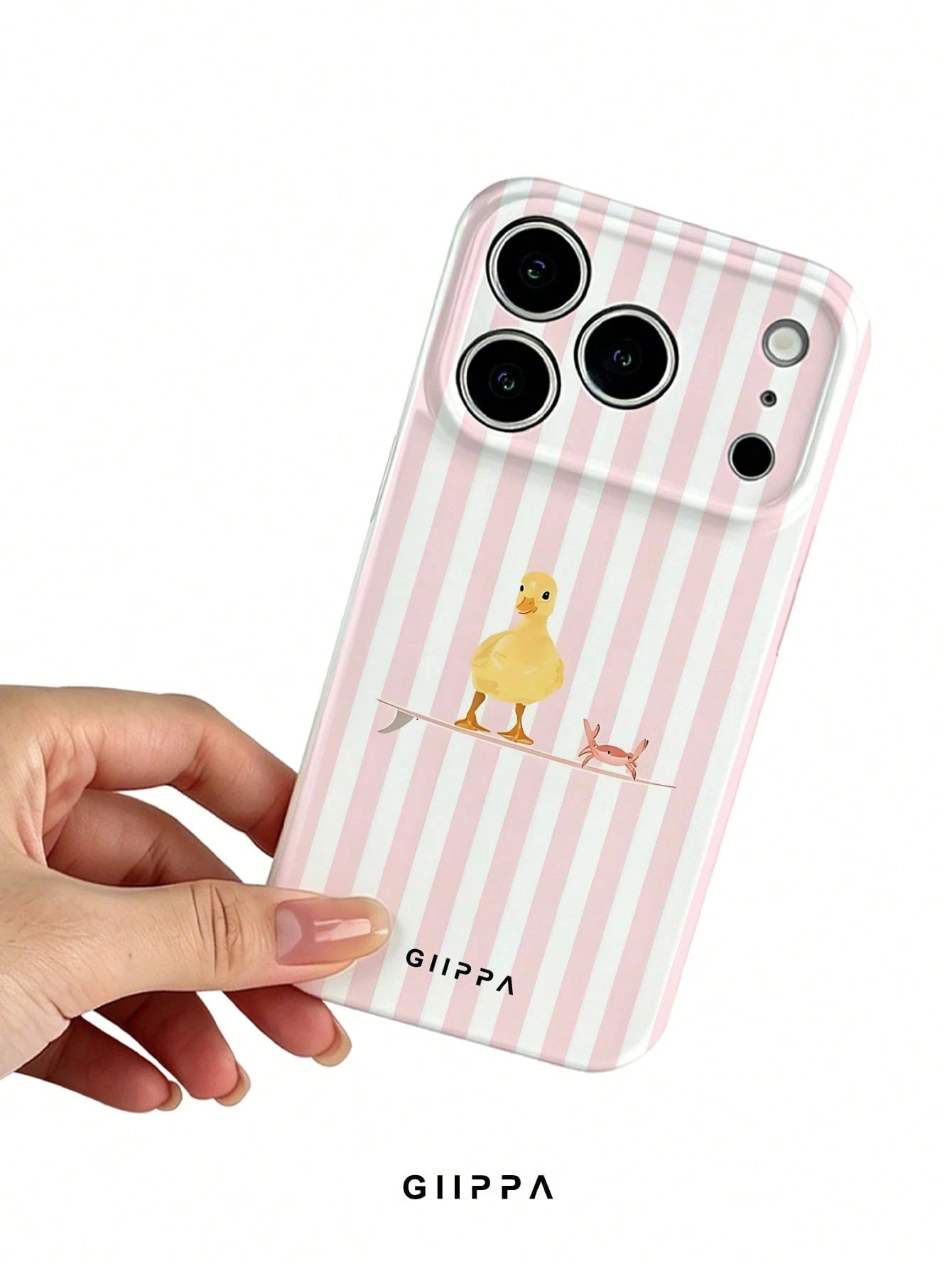 GIIPPA 1pc Light Pink Striped Background With Duck Pattern Design, Phone 17 Pro Max Phone Case, Compatible With Phone 16 Pro Max, 15 Pro Max, 14 Pro Max, Korean Style High-End Fashionable And Fun Phon