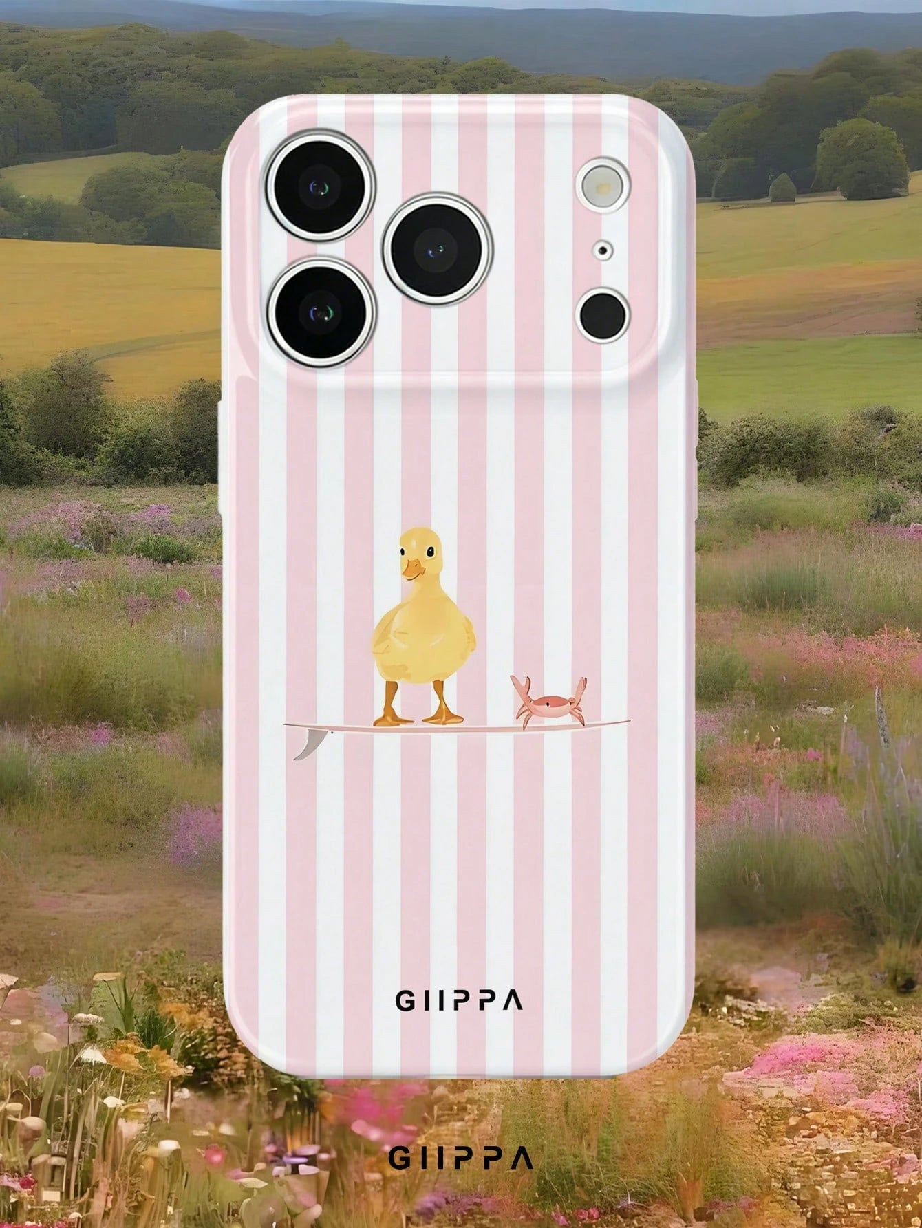 GIIPPA 1pc Light Pink Striped Background With Duck Pattern Design, Phone 17 Pro Max Phone Case, Compatible With Phone 16 Pro Max, 15 Pro Max, 14 Pro Max, Korean Style High-End Fashionable And Fun Phon