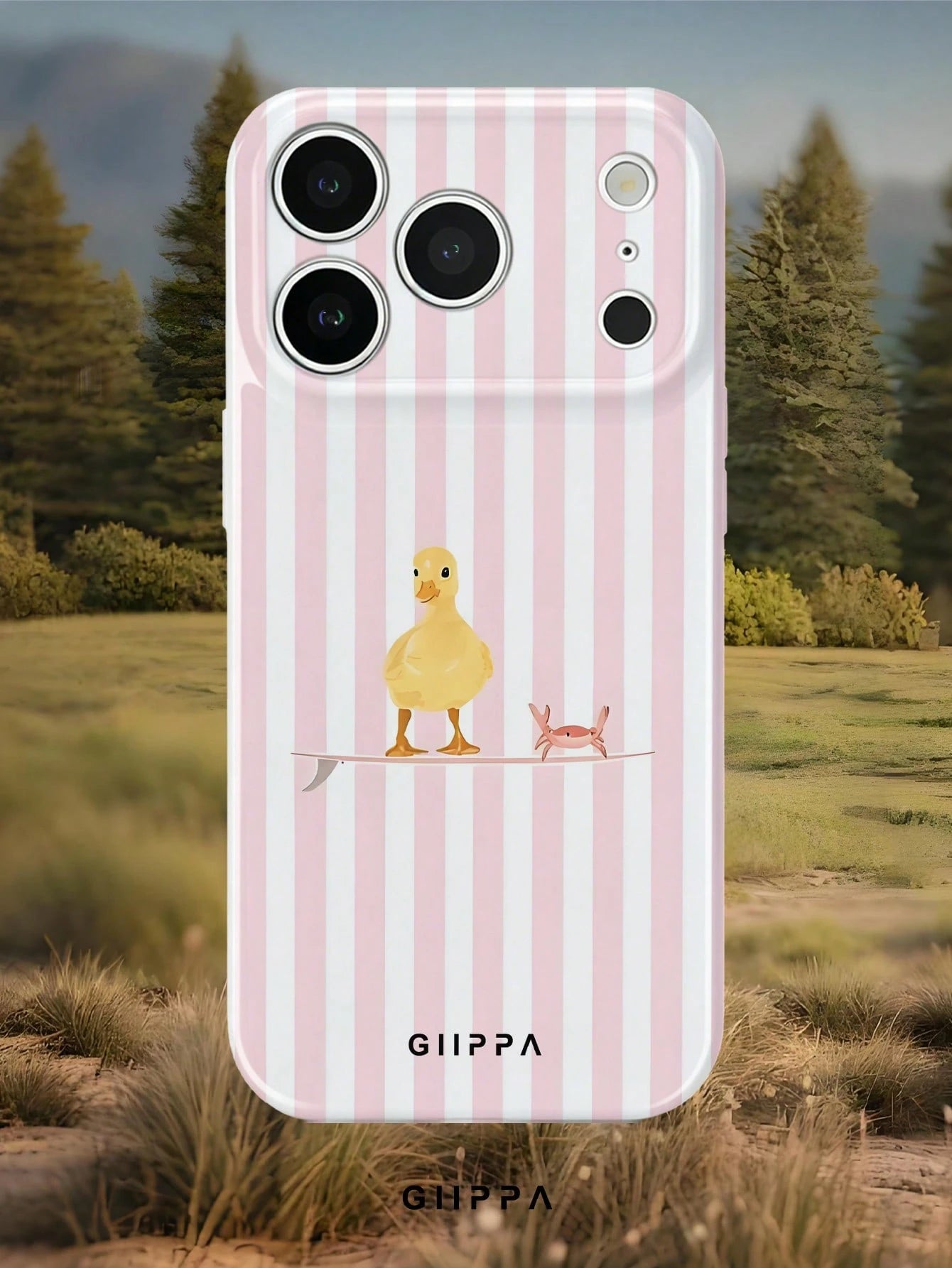 GIIPPA 1pc Light Pink Striped Background With Duck Pattern Design, Phone 17 Pro Max Phone Case, Compatible With Phone 16 Pro Max, 15 Pro Max, 14 Pro Max, Korean Style High-End Fashionable And Fun Phon
