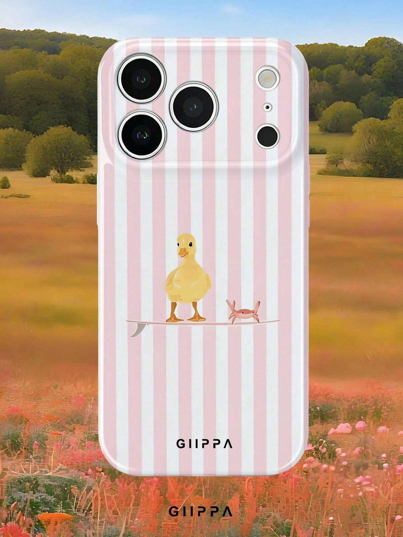 GIIPPA 1pc Light Pink Striped Background With Duck Pattern Design, Phone 17 Pro Max Phone Case, Compatible With Phone 16 Pro Max, 15 Pro Max, 14 Pro Max, Korean Style High-End Fashionable And Fun Phon