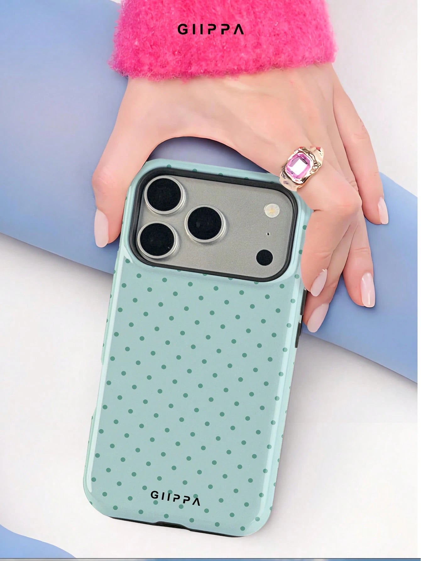 GIIPPA 1pc Mint Blue Background With Mint Green Polka Dot Pattern Design, Phone 17 Pro Max Phone Case, Compatible With Phone 16 Pro Max, 15 Pro Max, 14 Pro Max, Korean Style High-End Fashionable And F