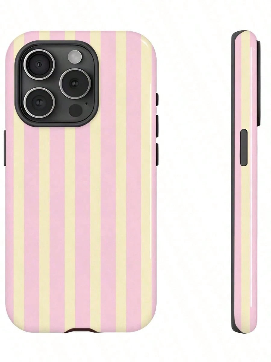 GIIPPA Pink Stripe Elements Fashion Matte Vertical Striped 2-In-1 Phone Case In Pink And Light Yellow Compatible With IPhone 16 15 14 13 12 11 PRO MAX PLUS Spring Pastel Birthday Gift
