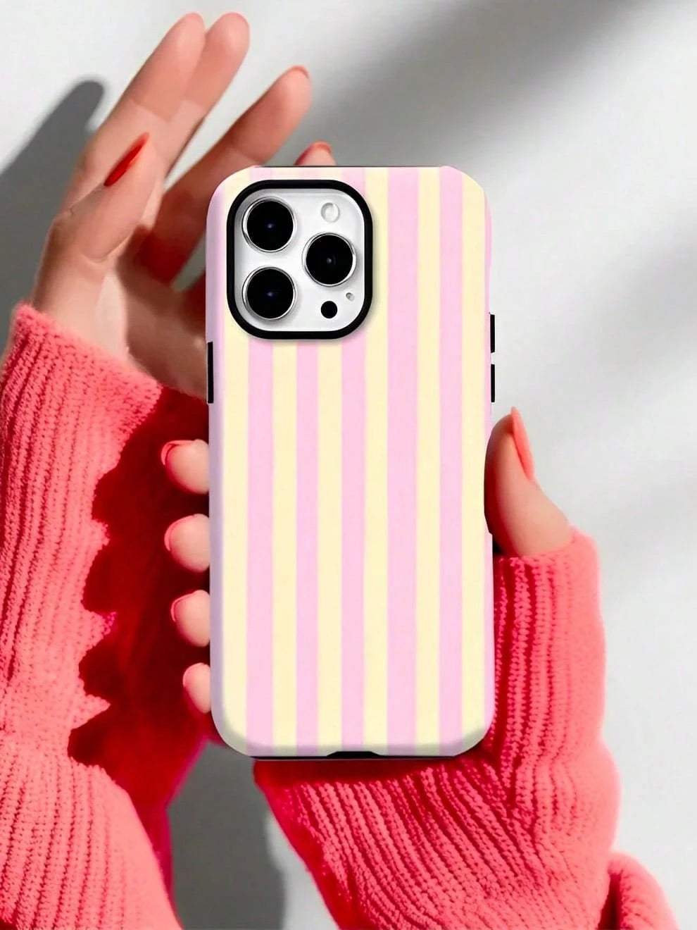 GIIPPA Pink Stripe Elements Fashion Matte Vertical Striped 2-In-1 Phone Case In Pink And Light Yellow Compatible With IPhone 16 15 14 13 12 11 PRO MAX PLUS Spring Pastel Birthday Gift
