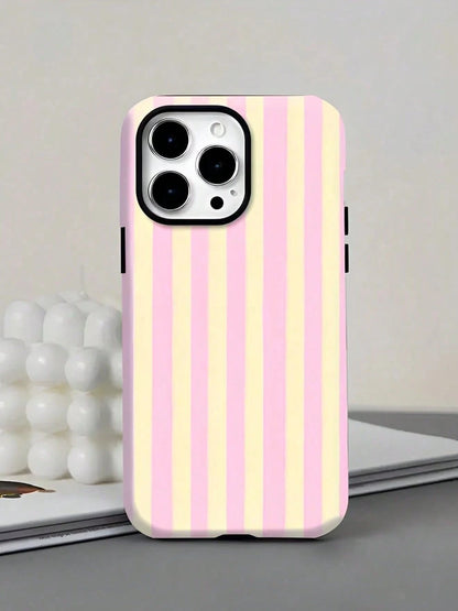 GIIPPA Pink Stripe Elements Fashion Matte Vertical Striped 2-In-1 Phone Case In Pink And Light Yellow Compatible With IPhone 16 15 14 13 12 11 PRO MAX PLUS Spring Pastel Birthday Gift