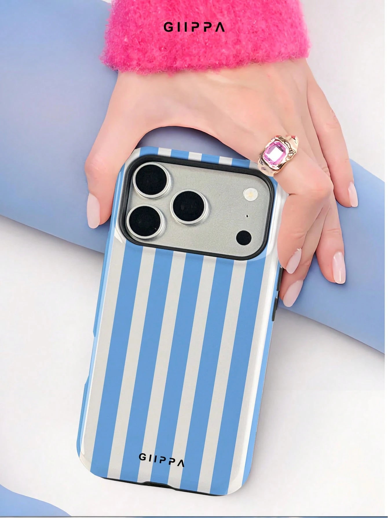 GIIPPA Pink Stripe Elements Fashion Matte Vertical Striped 2-In-1 Phone Case In Pink And Light Yellow Compatible With IPhone 16 15 14 13 12 11 PRO MAX PLUS Spring Pastel Birthday Gift