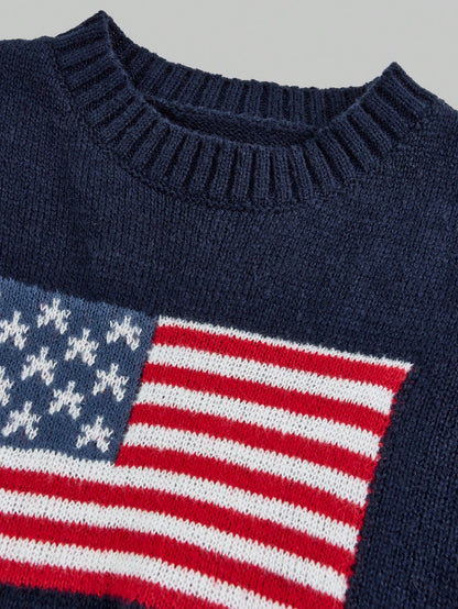 Girls American Flag Knit Sweater, Teens Round Neck Long Sleeve Star Striped Pullover Knit Top